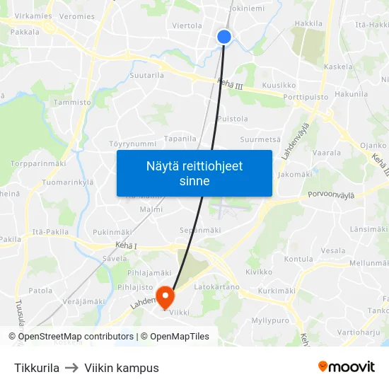 Tikkurila to Viikin kampus map