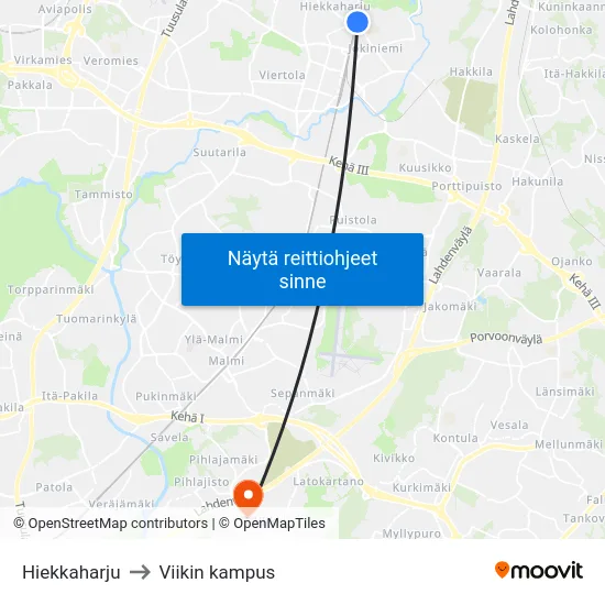 Hiekkaharju to Viikin kampus map