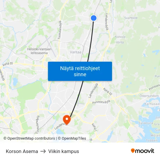 Korson Asema to Viikin kampus map