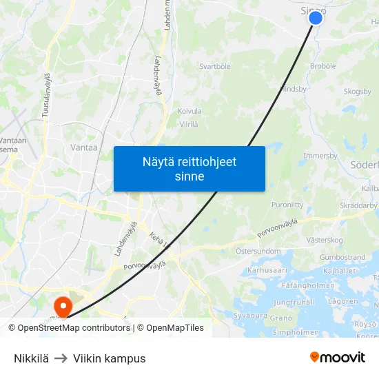 Nikkilä to Viikin kampus map