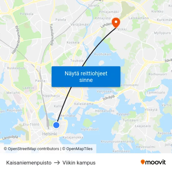 Kaisaniemenpuisto to Viikin kampus map