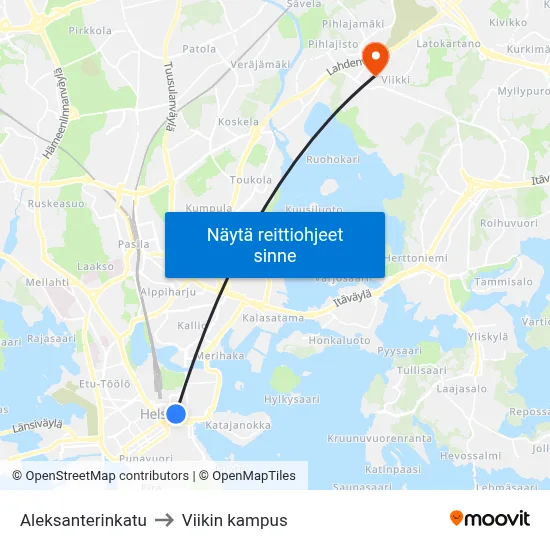 Aleksanterinkatu to Viikin kampus map