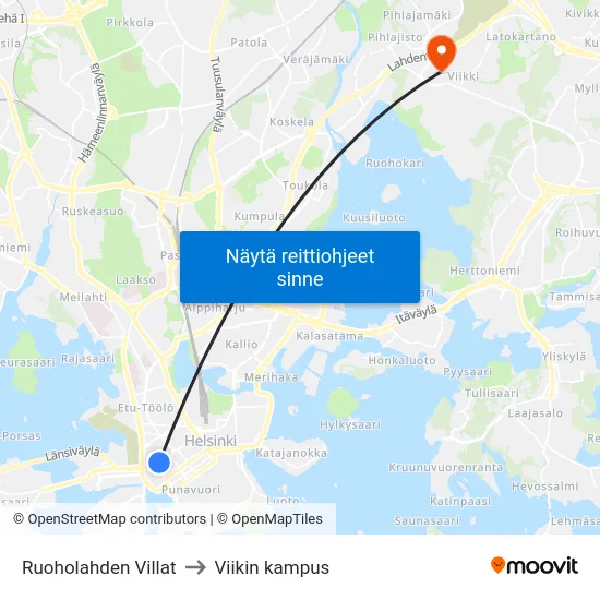 Ruoholahden Villat to Viikin kampus map