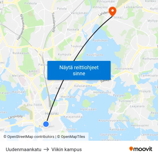 Uudenmaankatu to Viikin kampus map