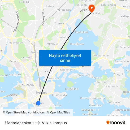 Merimiehenkatu to Viikin kampus map