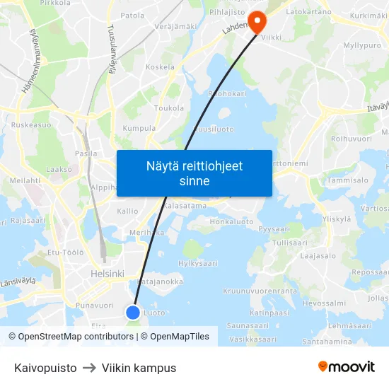 Kaivopuisto to Viikin kampus map