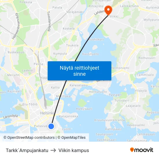Tarkk´Ampujankatu to Viikin kampus map