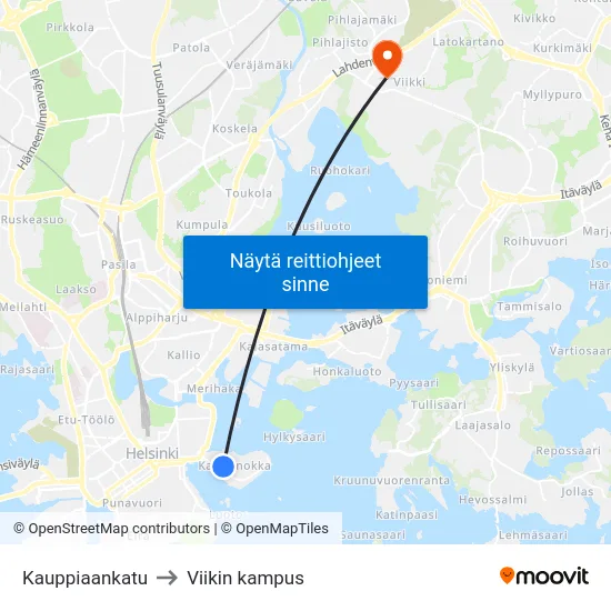 Kauppiaankatu to Viikin kampus map
