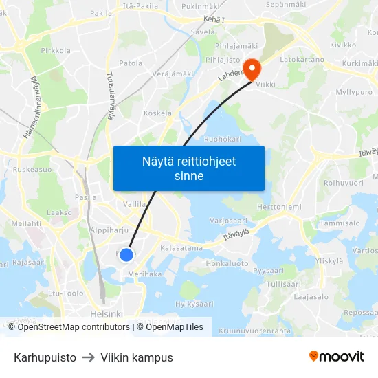 Karhupuisto to Viikin kampus map