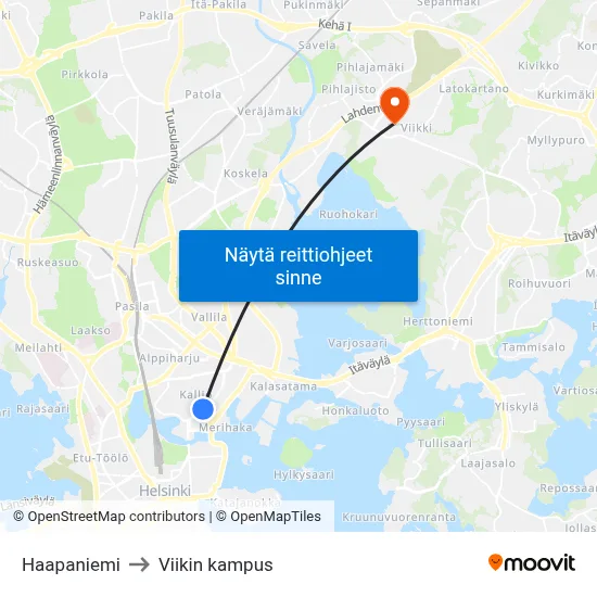 Haapaniemi to Viikin kampus map