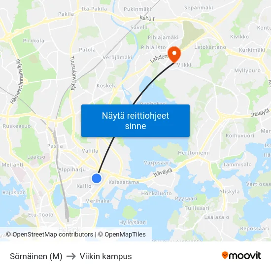 Sörnäinen (M) to Viikin kampus map