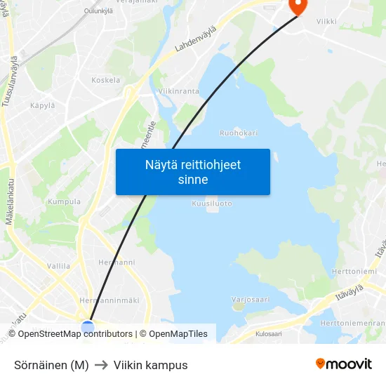 Sörnäinen (M) to Viikin kampus map