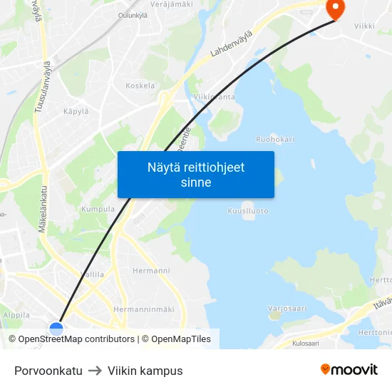 Porvoonkatu to Viikin kampus map
