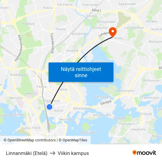 Linnanmäki (Etelä) to Viikin kampus map