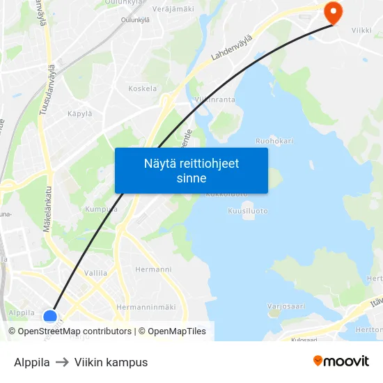 Alppila to Viikin kampus map