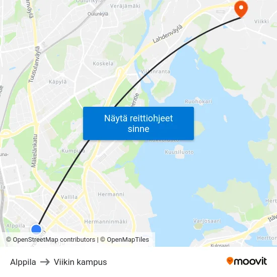 Alppila to Viikin kampus map