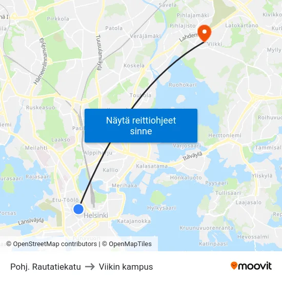 Pohj. Rautatiekatu to Viikin kampus map