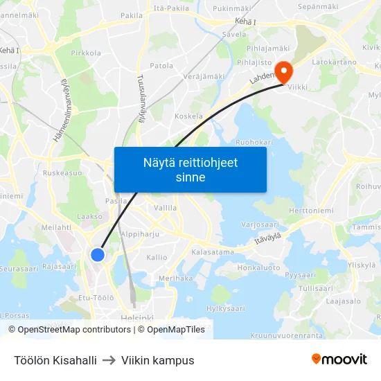 Töölön Kisahalli to Viikin kampus map