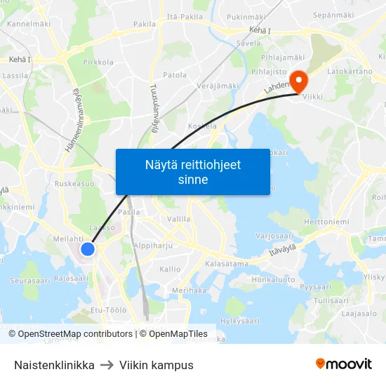 Naistenklinikka to Viikin kampus map