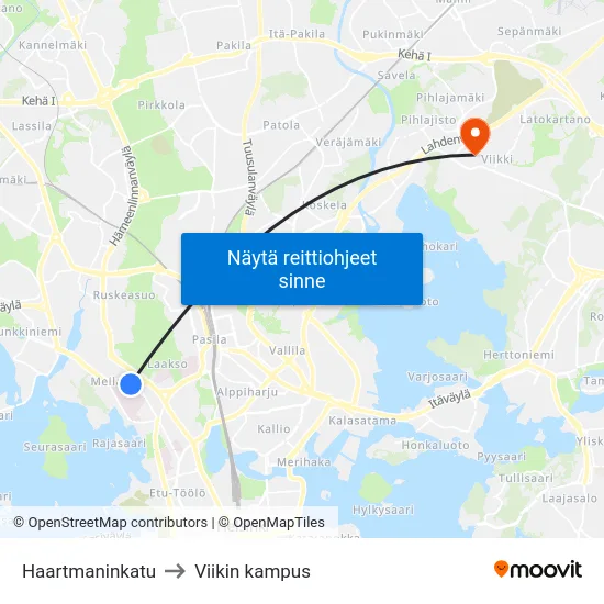 Haartmaninkatu to Viikin kampus map