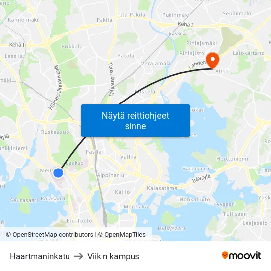 Haartmaninkatu to Viikin kampus map