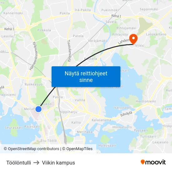 Töölöntulli to Viikin kampus map