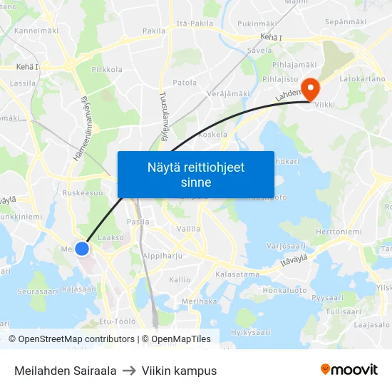 Meilahden Sairaala to Viikin kampus map