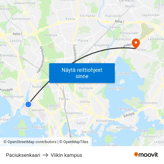Paciuksenkaari to Viikin kampus map