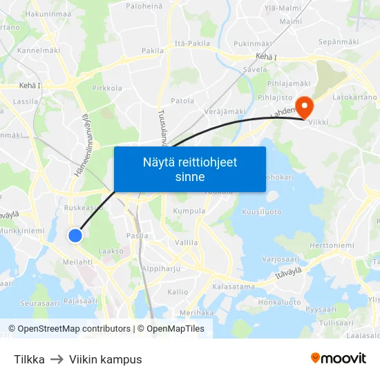 Tilkka to Viikin kampus map