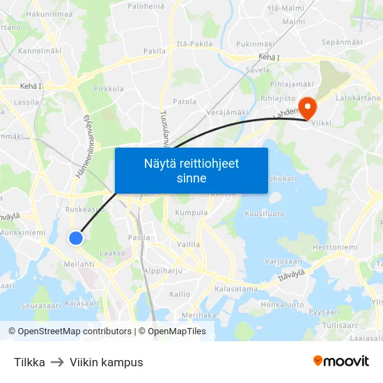 Tilkka to Viikin kampus map