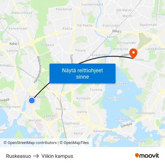 Ruskeasuo to Viikin kampus map