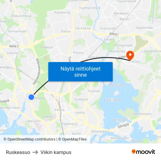 Ruskeasuo to Viikin kampus map
