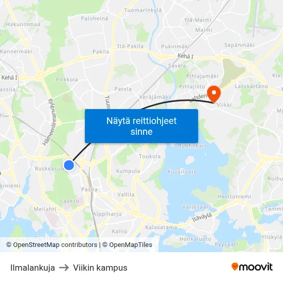 Ilmalankuja to Viikin kampus map