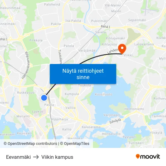Eevanmäki to Viikin kampus map
