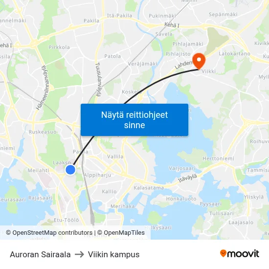 Auroran Sairaala to Viikin kampus map