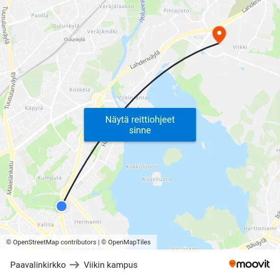 Paavalinkirkko to Viikin kampus map