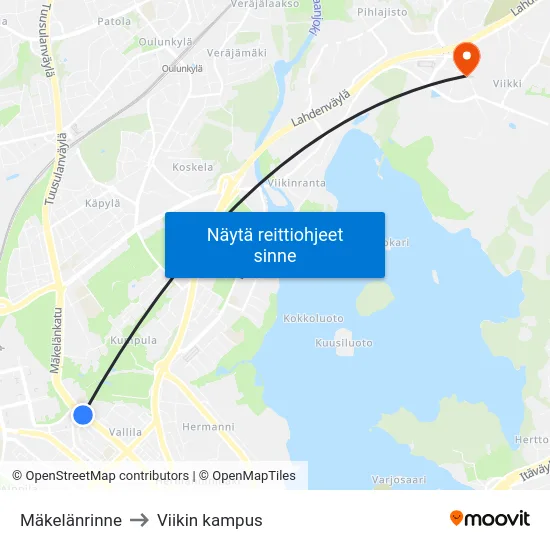 Mäkelänrinne to Viikin kampus map