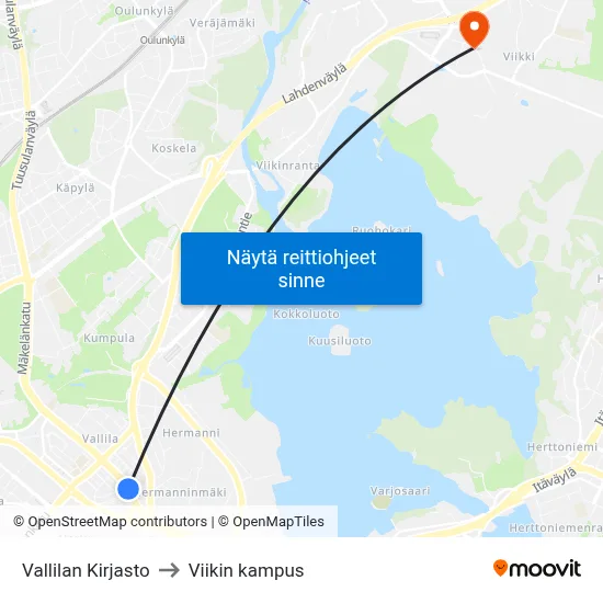 Vallilan Kirjasto to Viikin kampus map
