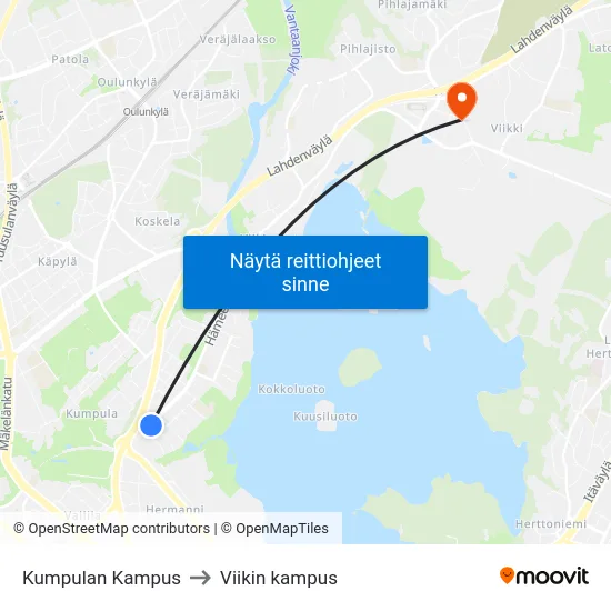 Kumpulan Kampus to Viikin kampus map