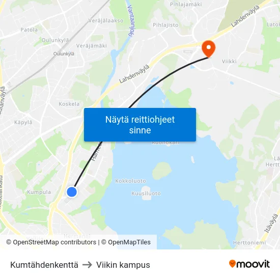 Kumtähdenkenttä to Viikin kampus map