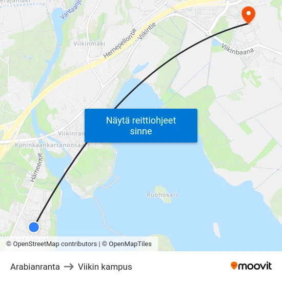 Arabianranta to Viikin kampus map
