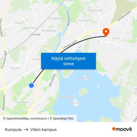 Kumpula to Viikin kampus map