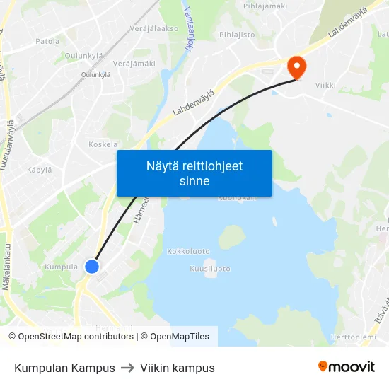 Kumpulan Kampus to Viikin kampus map