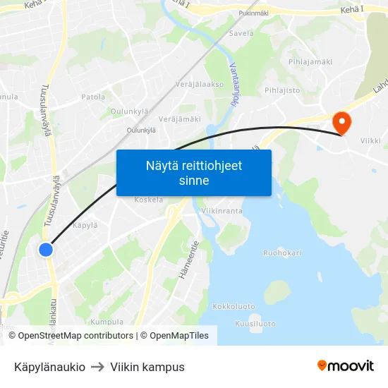 Käpylänaukio to Viikin kampus map