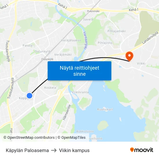 Käpylän Paloasema to Viikin kampus map