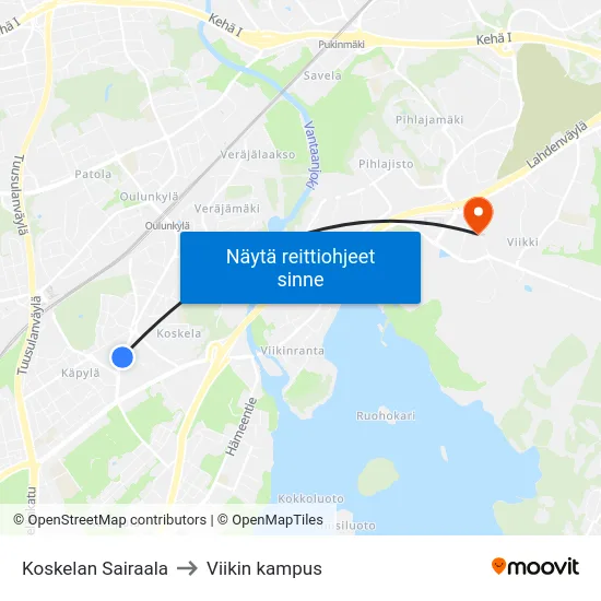 Koskelan Sairaala to Viikin kampus map