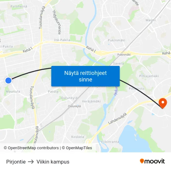 Pirjontie to Viikin kampus map