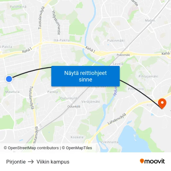 Pirjontie to Viikin kampus map