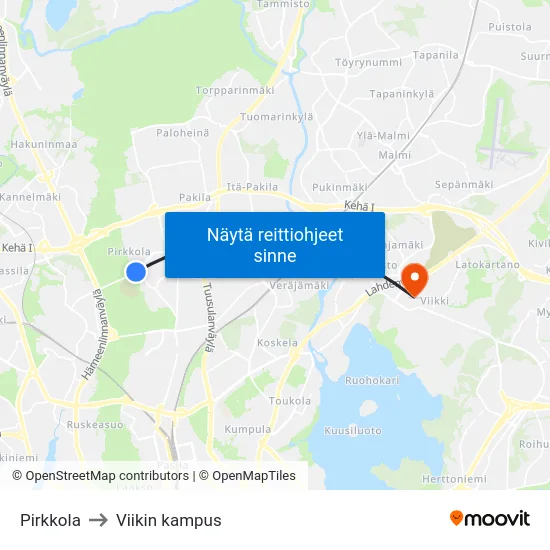 Pirkkola to Viikin kampus map