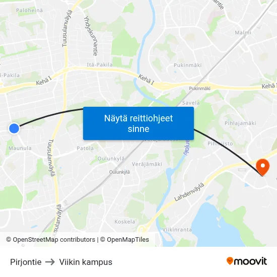 Pirjontie to Viikin kampus map